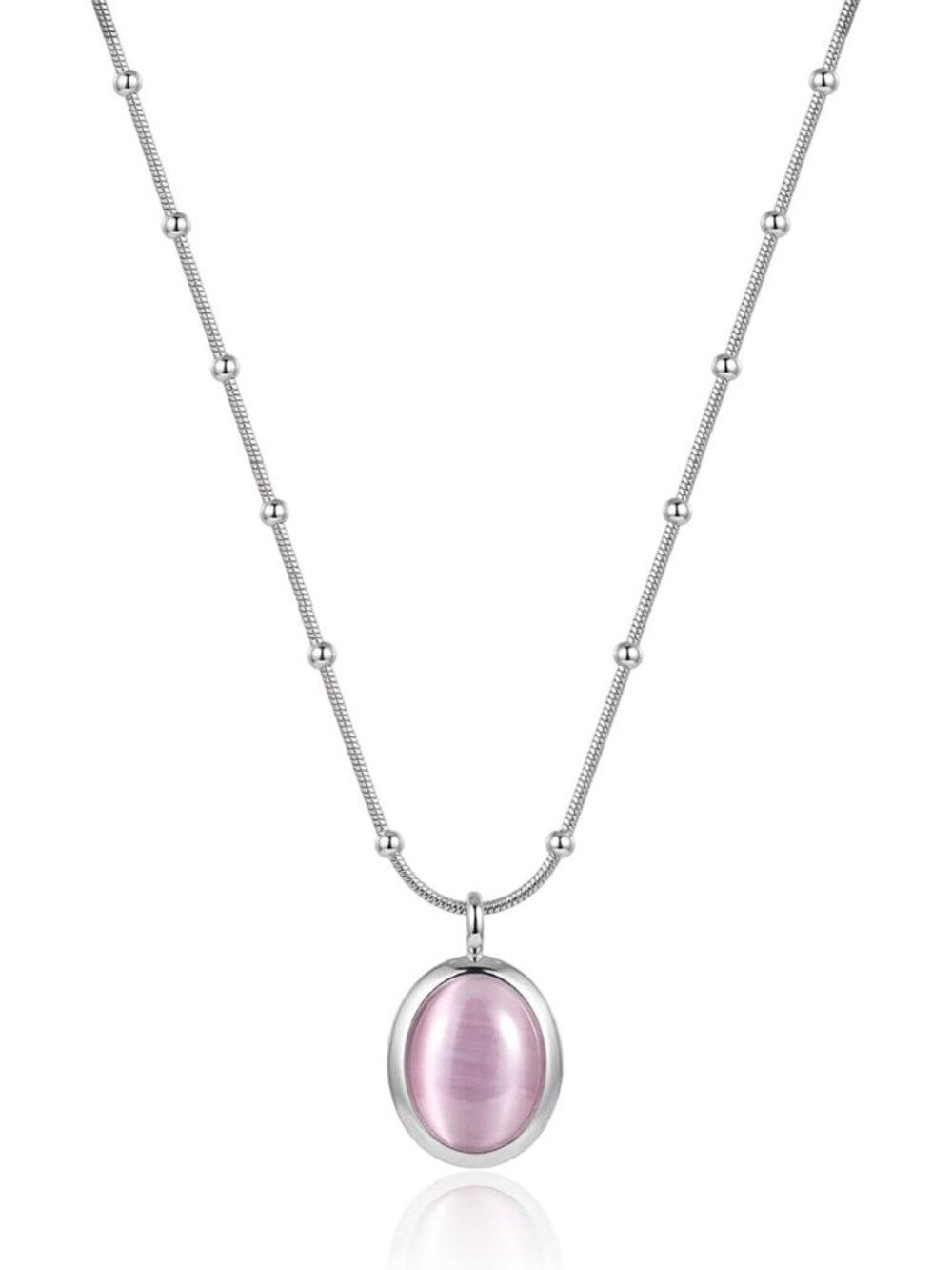 Women Purple Silver Cat Eye Oval Pendant Satellite Chain Beaded Choker Necklace